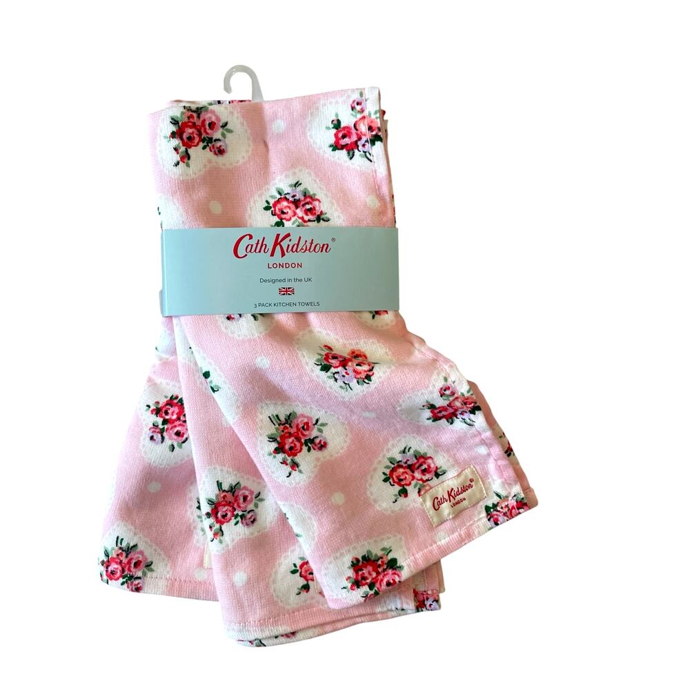 Cath Kidston Cotton Kitchen Towels 3pc Pink Flowers Lace Hearts New